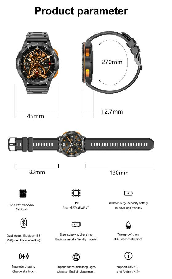 AK59 Smart Watch HD AMLOED Screen w/ health monitoring - Jinsanzhu Steel Strap