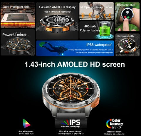 AK59 Smart Watch HD AMLOED Screen w/ health monitoring - Jinsanzhu Steel Strap