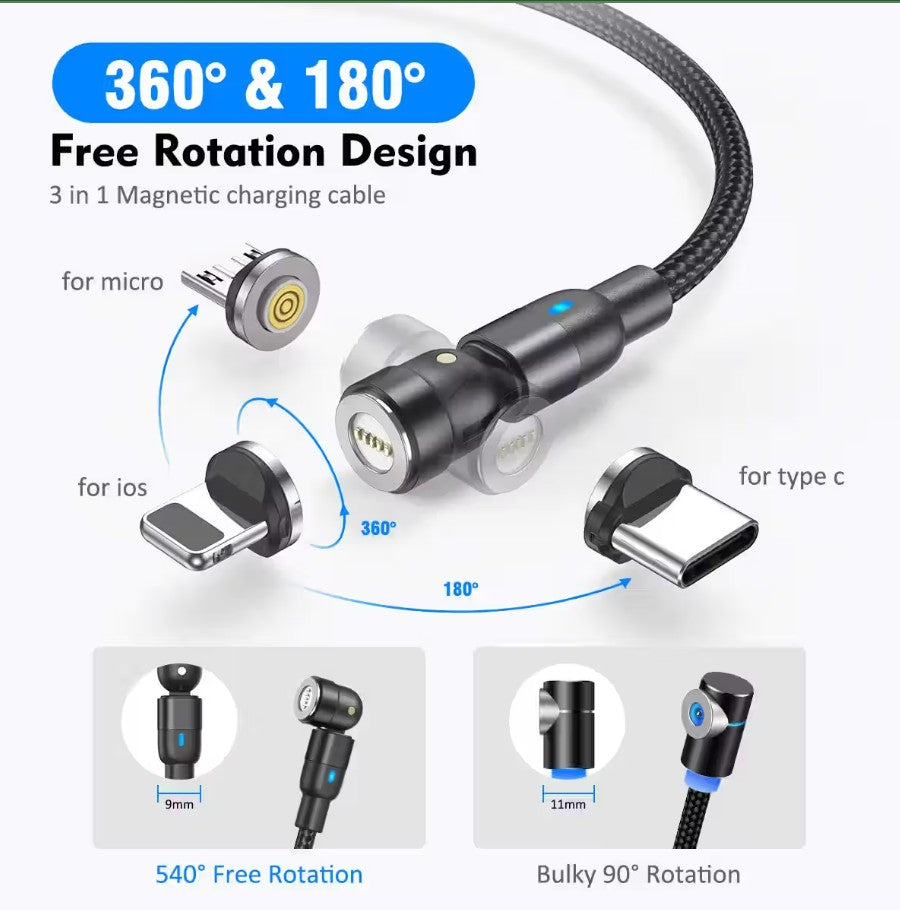 540° Rotatable 3 in 1 Magnetic Cable 3A Data Fast Charging